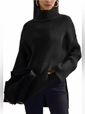 LILLUSORY Black Ribbed Oversized Turtleneck Asymmetrical Sweater Small NWT